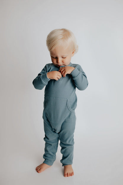 Storm Blue Baby Ribbed Playsuit with pockets