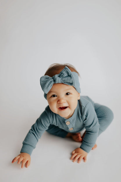 Storm Blue Baby Ribbed Playsuit with pockets