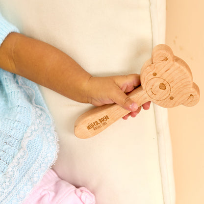 Solid Maple Wood Baby Rattle – Natural Wooden Bear Rattle | Made in the USA 🇺🇸