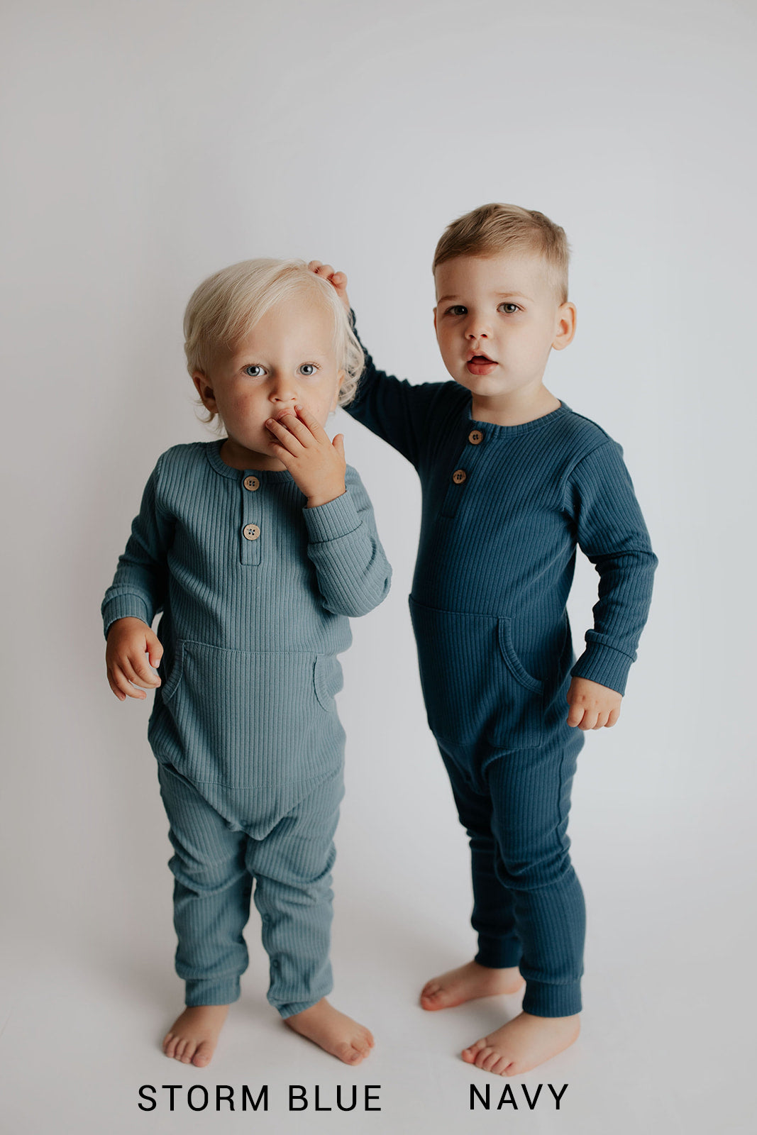 Storm Blue Baby Ribbed Playsuit with pockets