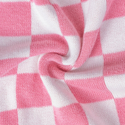 Pink Checker Baby Knit Button Romper