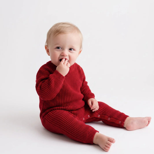 Baby Knit Romper Snap Closure in Red Xmas
