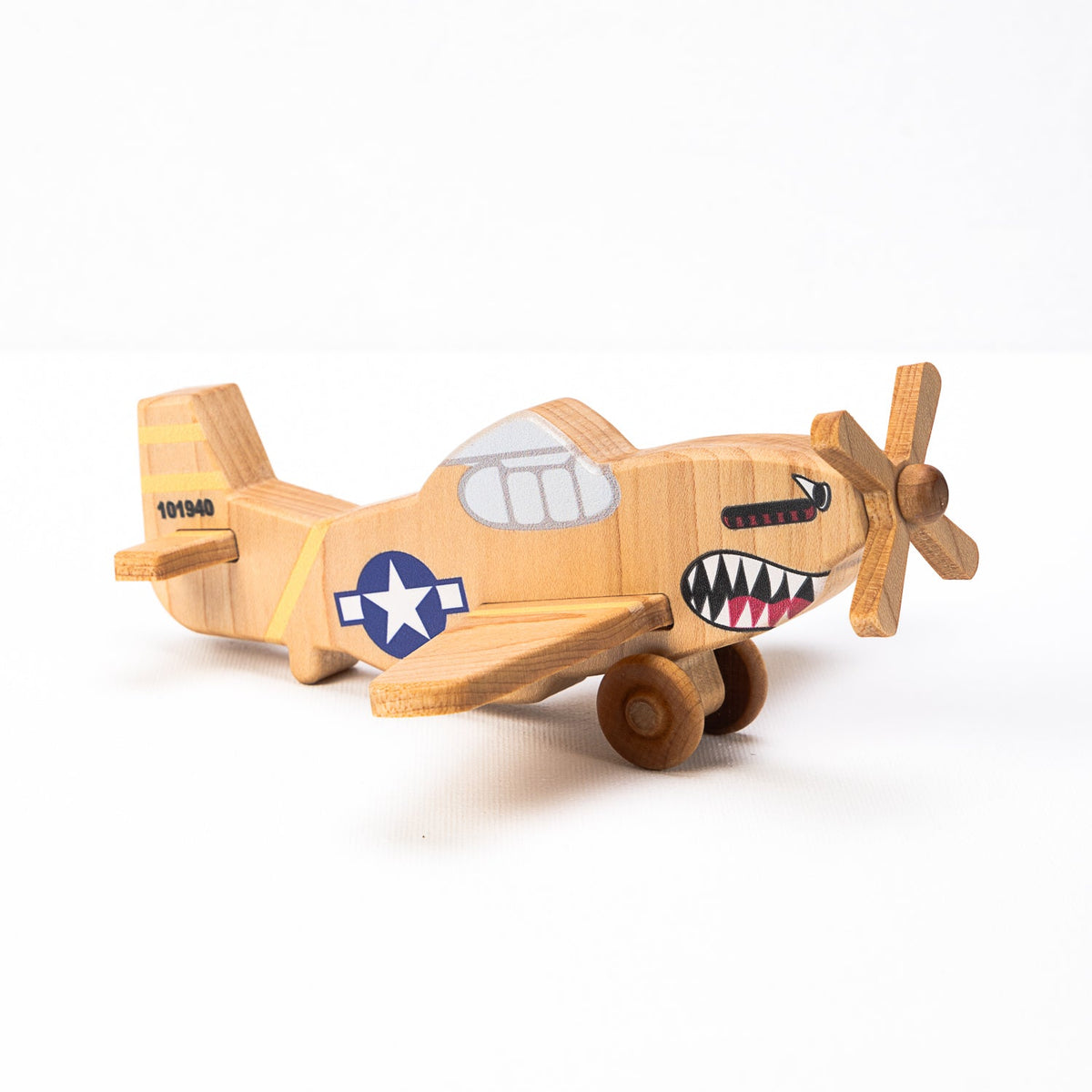 WWII Classic P-51 Mustang Wooden Toy Airplane Shark Teeth | Educational Montessori | Eco-Friendly Hardwood | Made in the USA 🇺🇸