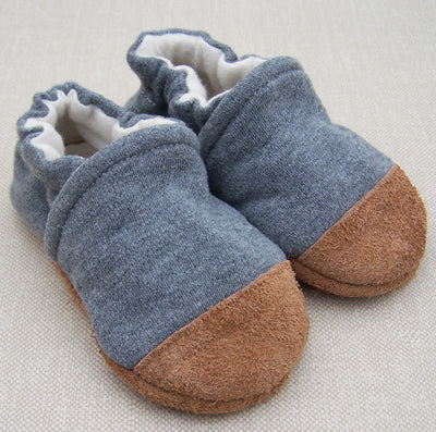 Organic Cotton and Leather Slipper Booties, Heather Grey
