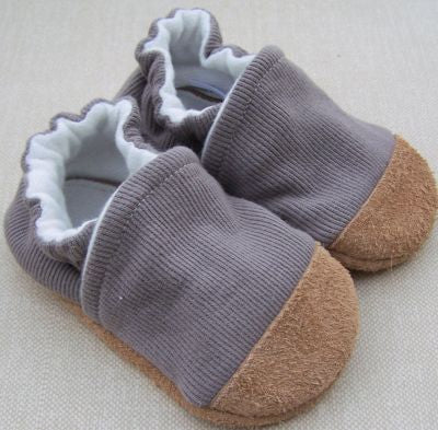 Organic Cotton and Leather Slipper Booties, Ribbed Mushroom