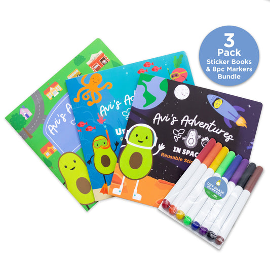 Avi's Adventures Reusable Sticker Book (3 PACK) + Marker Set