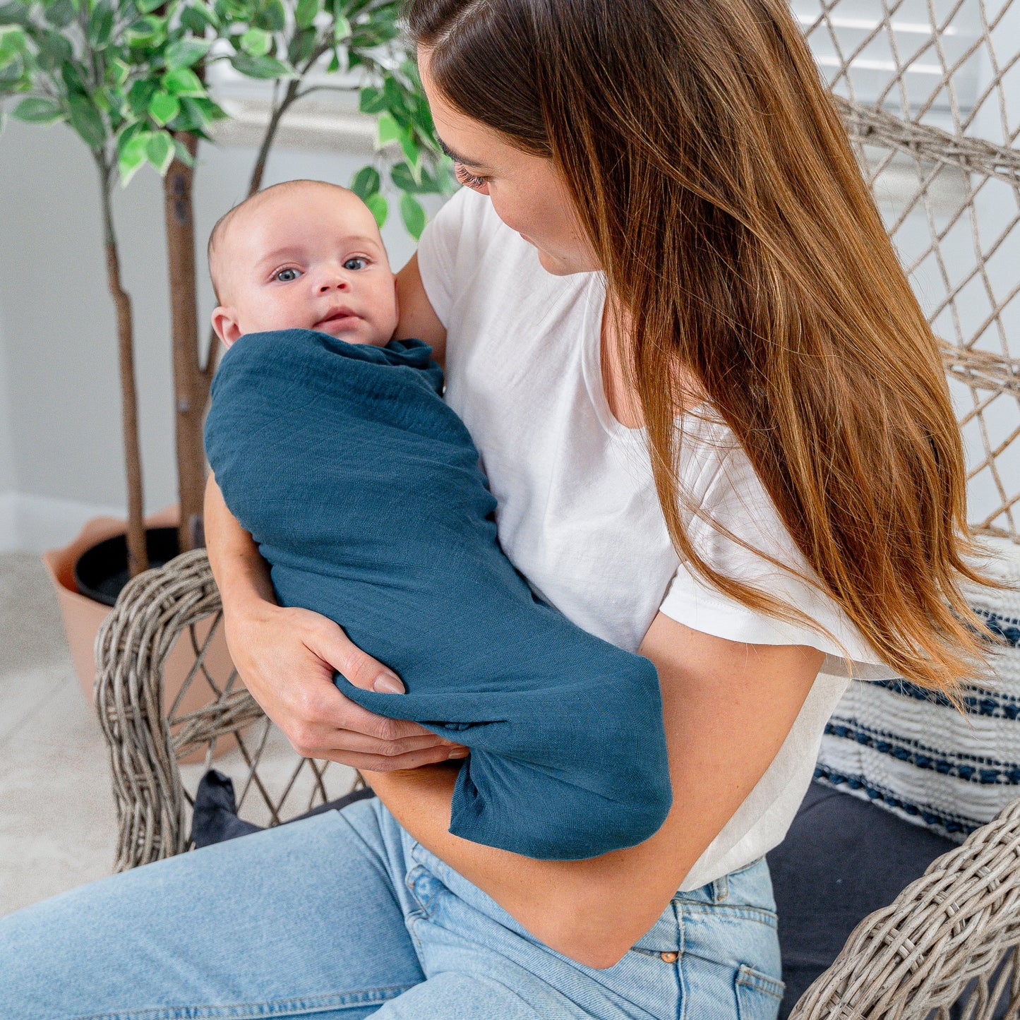 Muslin Swaddle Blanket, 47” x 47” in Wine & Neptune, 2 Pack