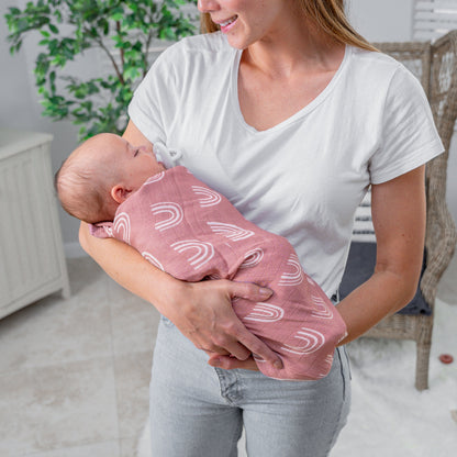Muslin Swaddle Blanket, 47” x 47” in Mauve Rainbow, 1 Pack