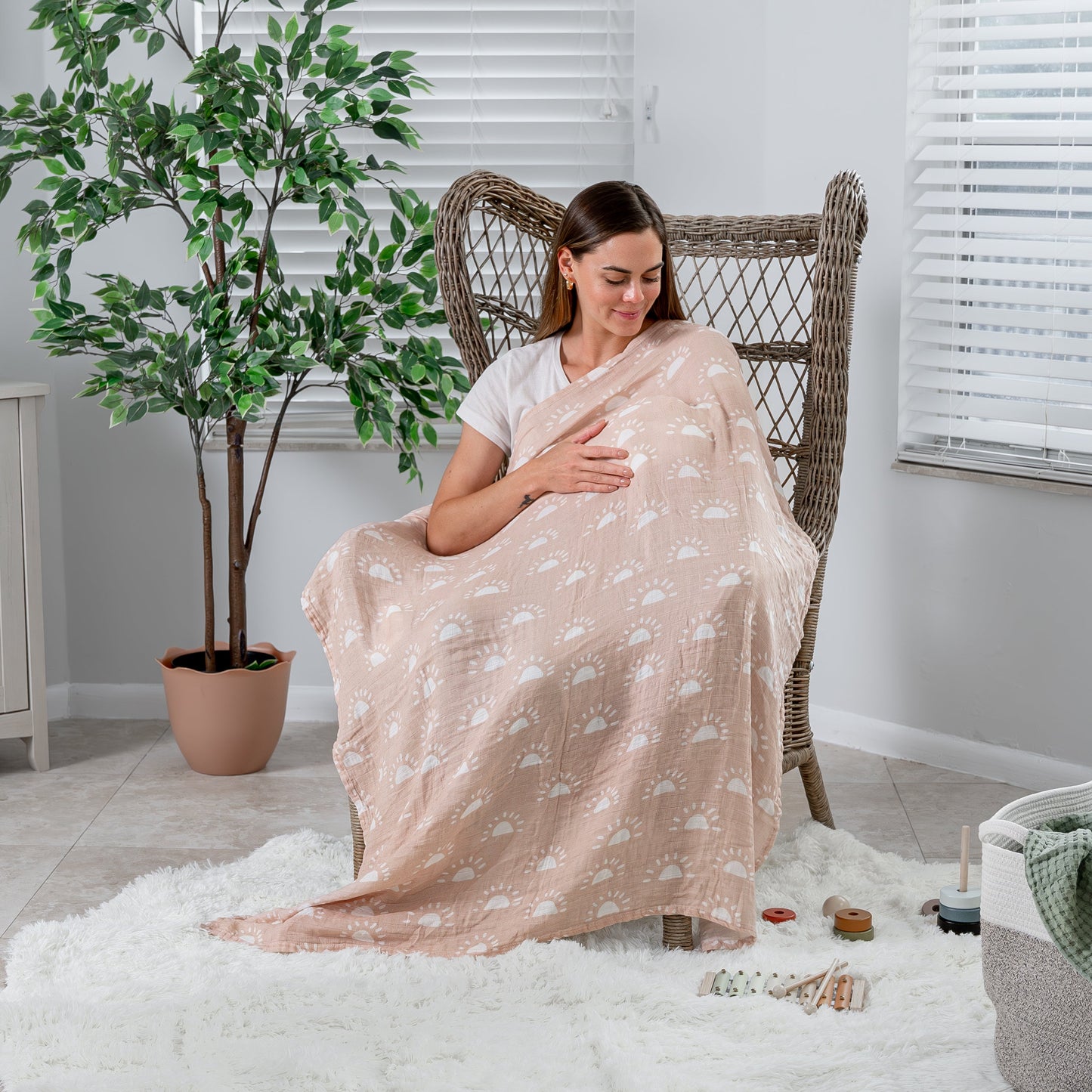 Muslin Swaddle Blanket, 47” x 47” in Sun & Rainbow, 2 Pack