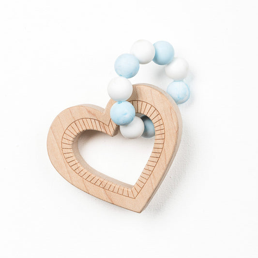 Silicone Bead Teether with Organic Cotton Bag - Heart with Blue Beads | Made in the USA 🇺🇸