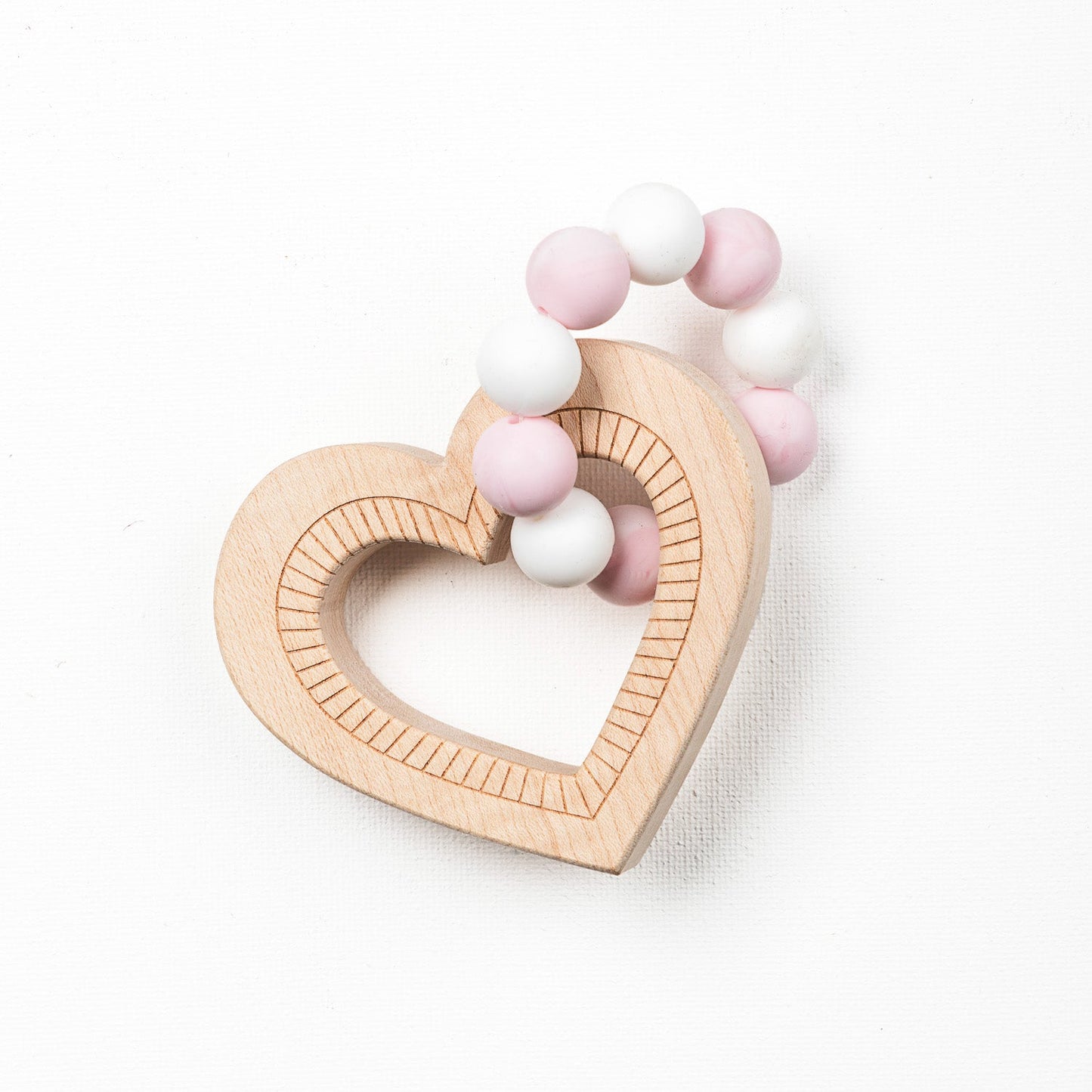 Silicone Bead Teether with Organic Cotton Bag - Heart with Pink Beads | Made in the USA 🇺🇸