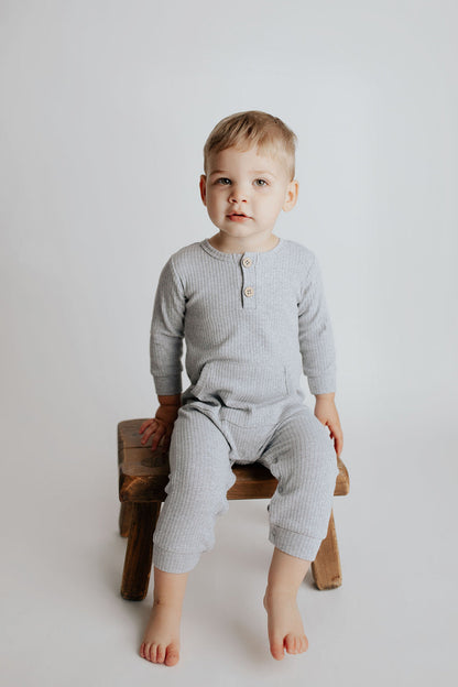 Gray Baby Ribbed Playsuit with pockets