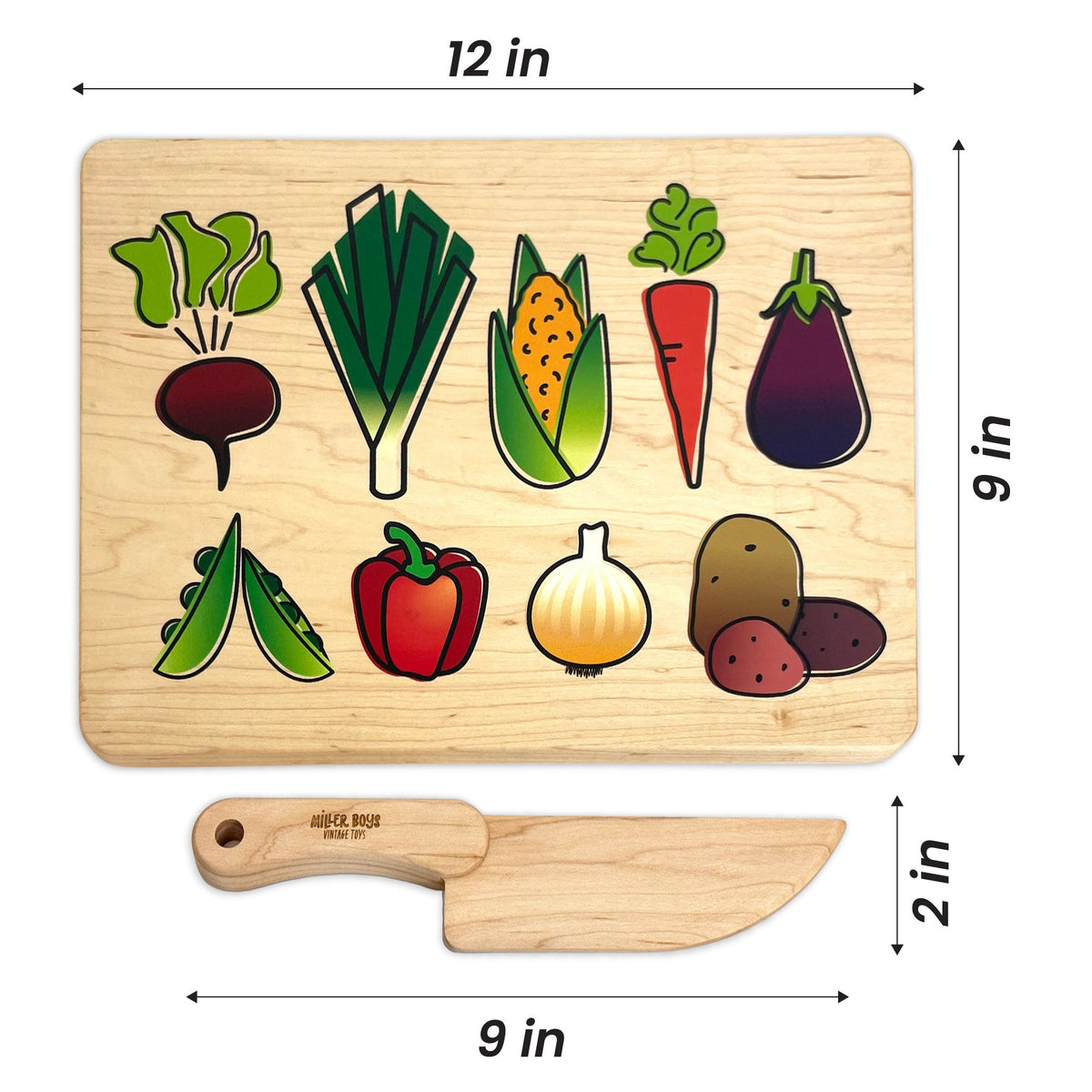 Kid's Chef-in-Training Veggie Wooden Cutting Board with Handcrafted Wooden Knife | Made in the USA 🇺🇸