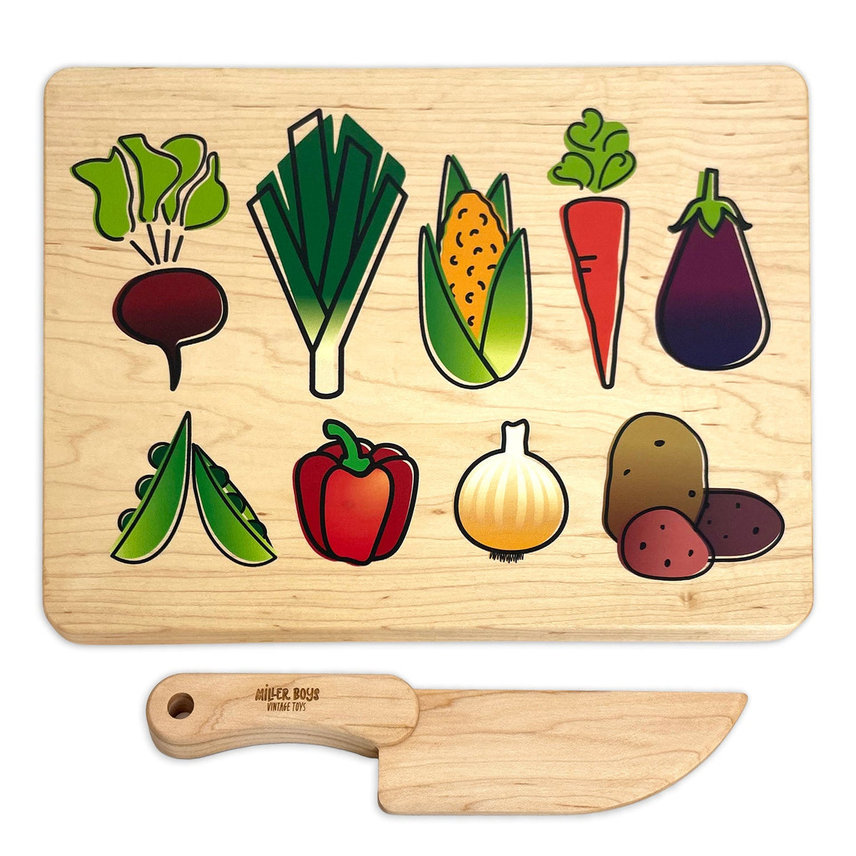 Kid's Chef-in-Training Veggie Wooden Cutting Board with Handcrafted Wooden Knife | Made in the USA 🇺🇸