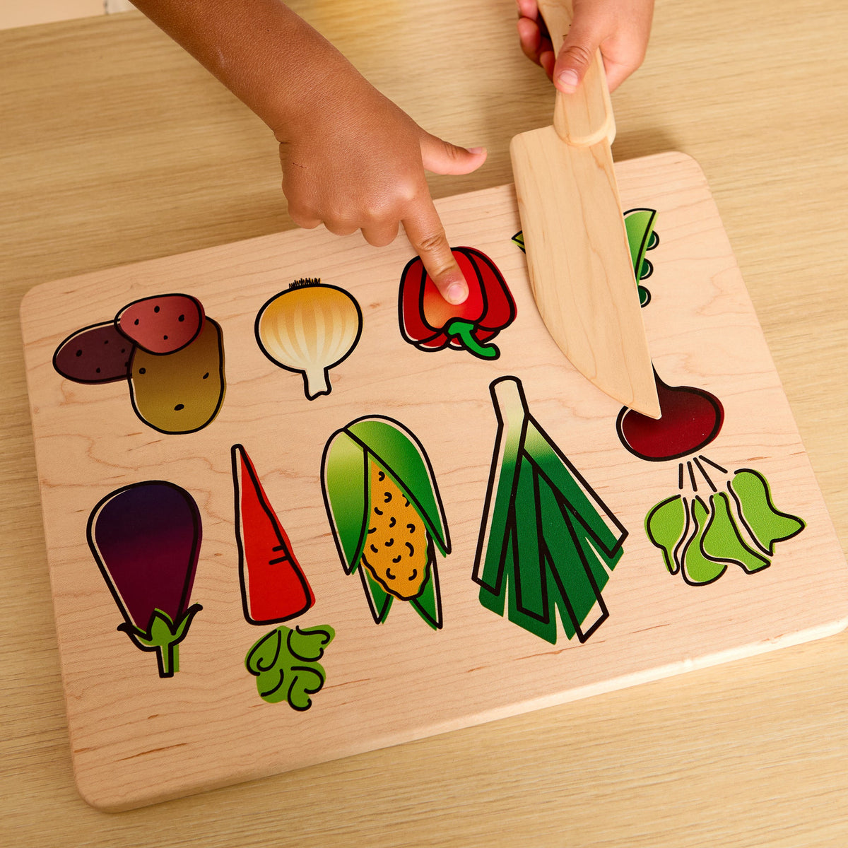 Kid's Chef-in-Training Veggie Wooden Cutting Board with Handcrafted Wooden Knife | Made in the USA 🇺🇸