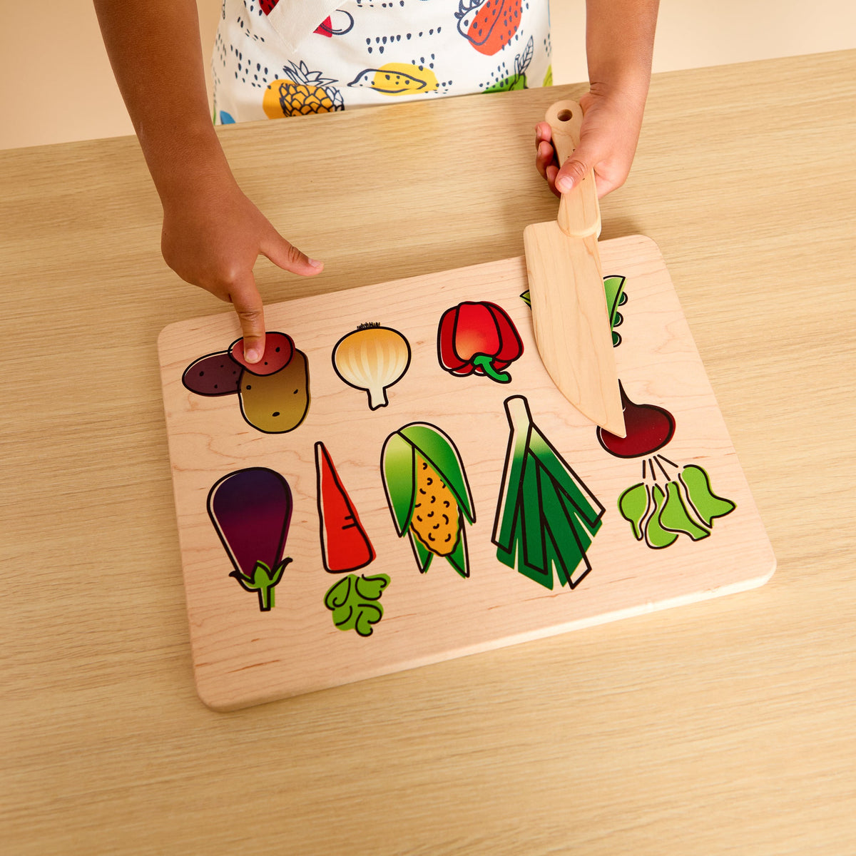 Kid's Chef-in-Training Veggie Wooden Cutting Board with Handcrafted Wooden Knife | Made in the USA 🇺🇸