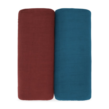 Muslin Swaddle Blanket, 47” x 47” in Wine & Neptune, 2 Pack