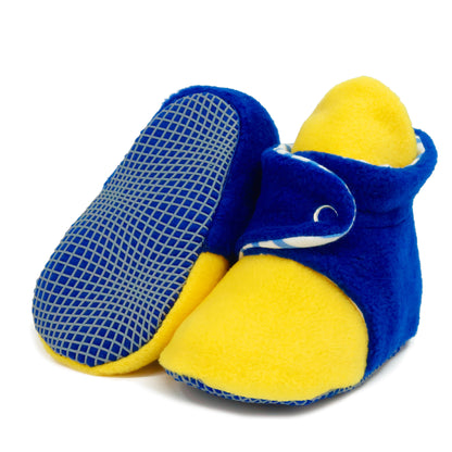 Anti-Slip Sole, Fleece Baby Booties, Newborn Home Booties, Sweat Proof Organic Cotton Lining, Yellow Blue