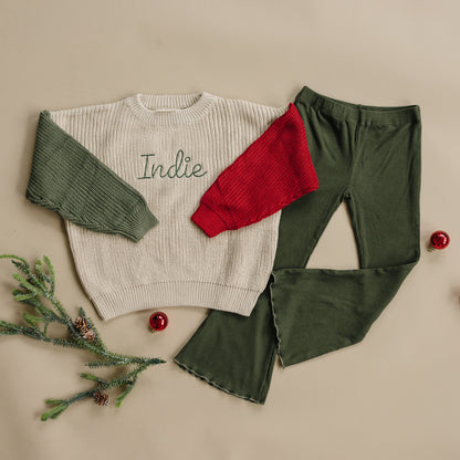 Christmas Ribbed Flared Leggings - Red or Green
