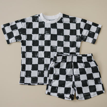 Organic Cotton Black & White Checkered Shorts Set