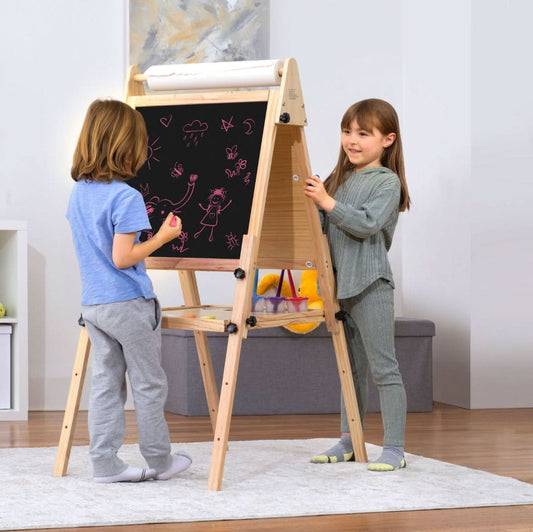Foldable Kids Easel | Double-Sided Chalkboard & Magnetic Whiteboard with Paper Roll, 3 Adjustable Heights