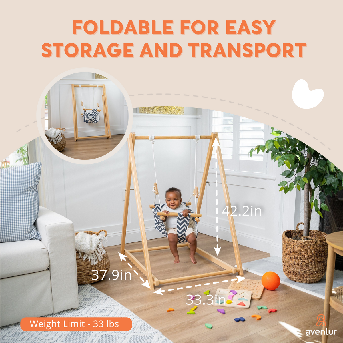 Spruce Gray | Indoor Toddler Swing with Stand, Foldable Wooden Swing