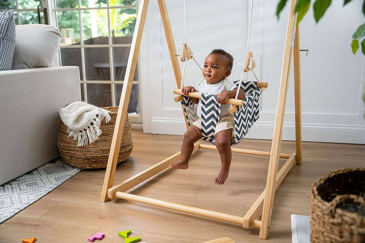 Spruce Blue Wave | Wooden Baby Swing Chair with Stand, Foldable