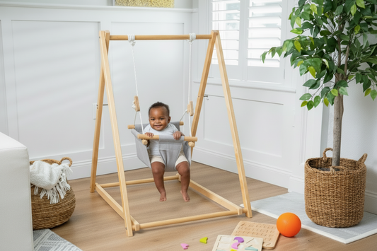 Spruce Gray | Indoor Toddler Swing with Stand, Foldable Wooden Swing