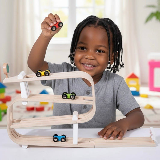 Wooden Car Ramp Racer | 4-Level Montessori Race Track Toy for Toddlers with Cars