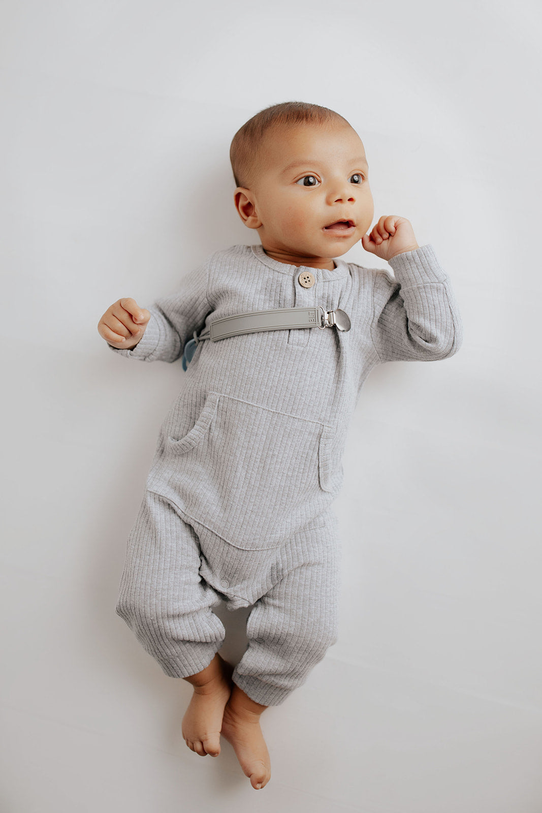 Gray Baby Ribbed Playsuit with pockets
