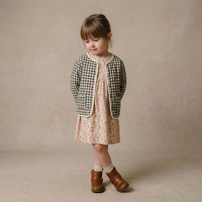 Organic Quilted Buttoned Jacket - Charcoal Plaid