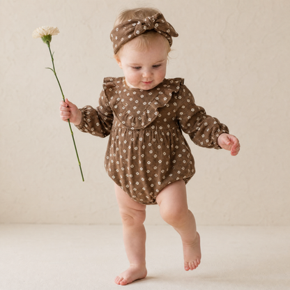 Organic Ruffle Bubble Romper - Chestnut Bloom