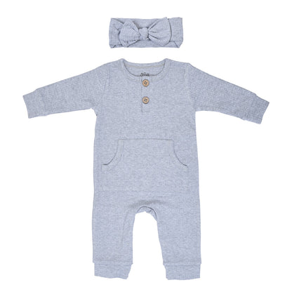 Gray Baby Ribbed Playsuit with pockets