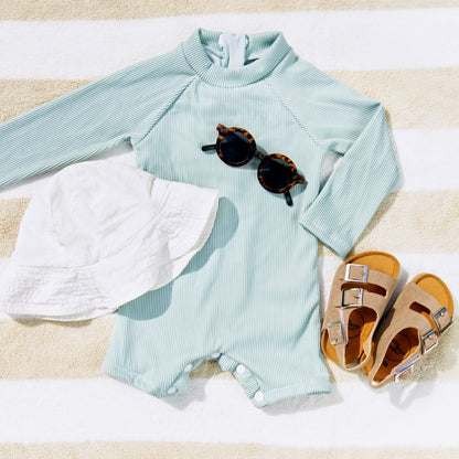 Ribbed Long-Sleeve Swimsuit for Baby · Rash Guard · Shorts · Gender-Neutral · Mint Color