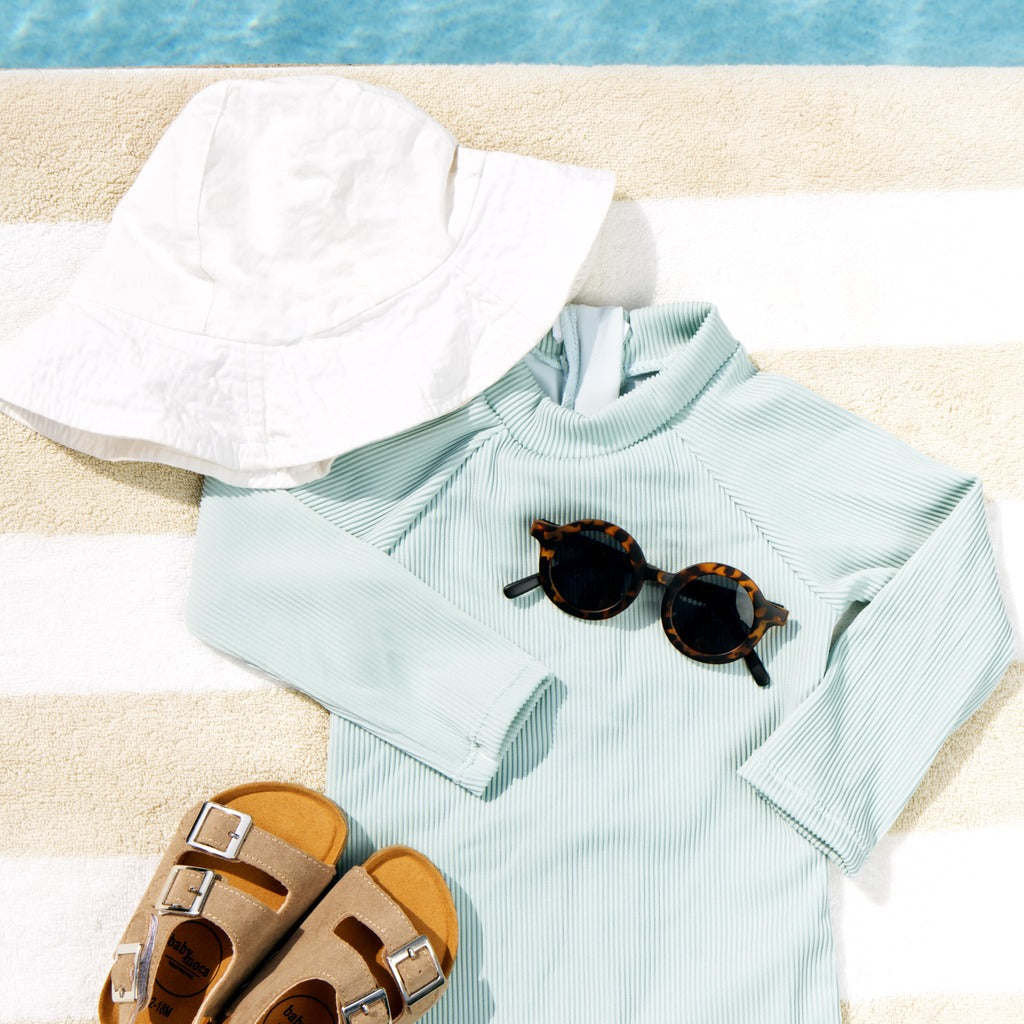 Ribbed Long-Sleeve Swimsuit for Baby · Rash Guard · Shorts · Gender-Neutral · Mint Color