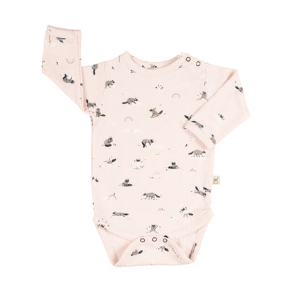 Frolicsome Raccoons Long Sleeve Bodysuit, Pearl