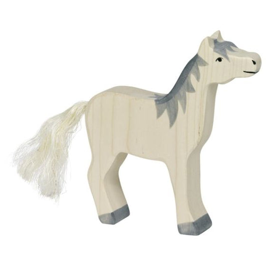 Wooden Animal, Horse, Head Raised Grey Mane