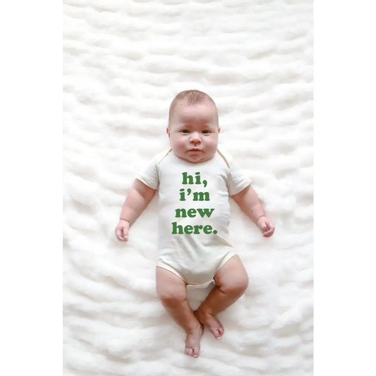 Hi I’m New Here Baby Onesie in Organic Cotton Sage