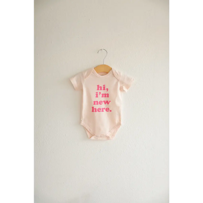 Hi, I'm New Here Organic Cotton Baby Bodysuit with Pink Ink