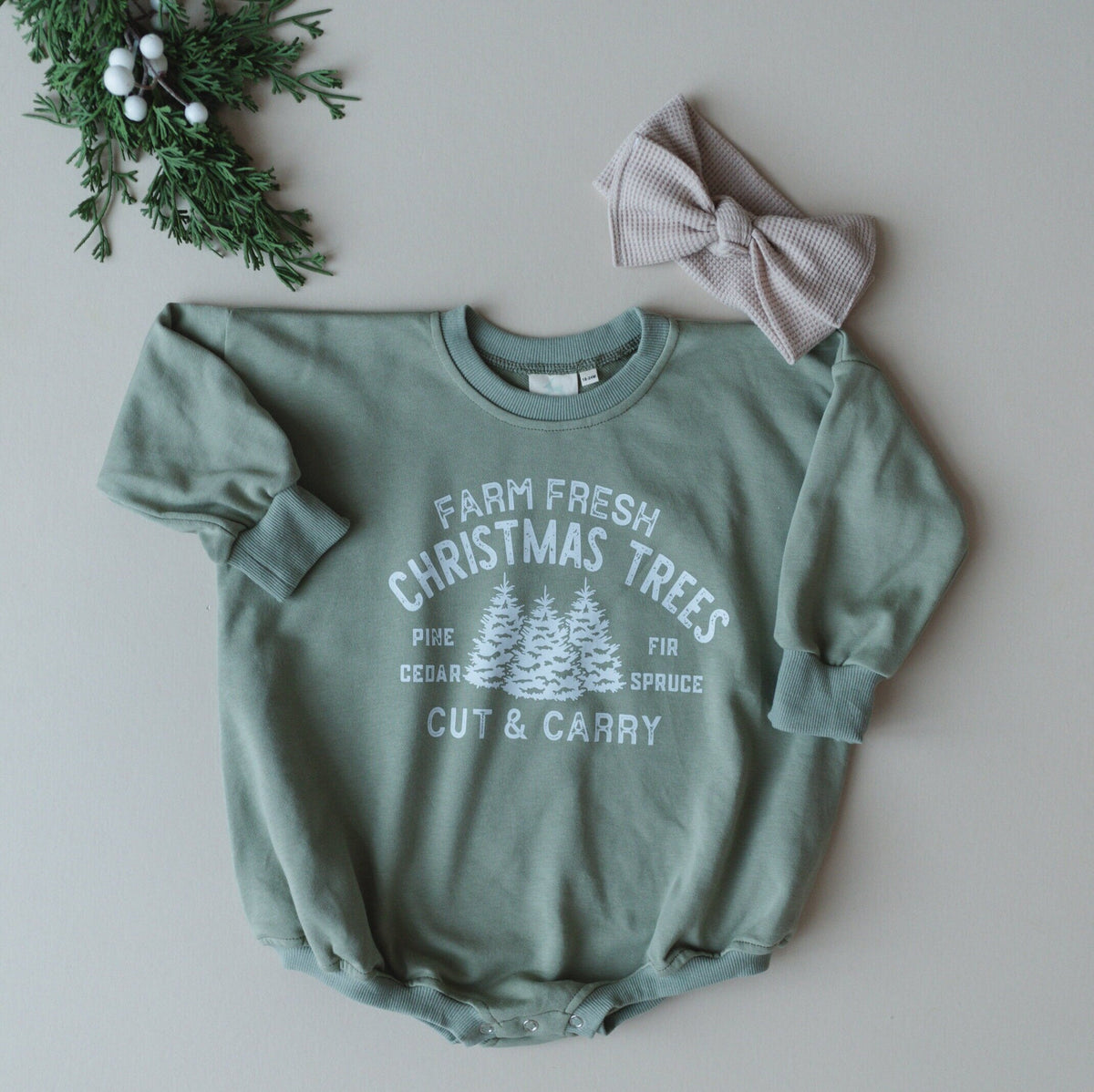 Farm Fresh Christmas Trees Sweatshirt Romper - Sage