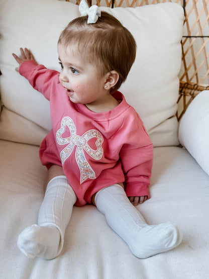 Pink Baby Romper: Floral Bow Applique Sweatshirt Outfit
