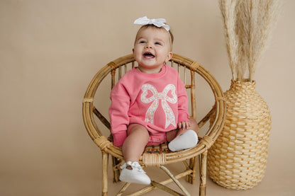 Pink Baby Romper: Floral Bow Applique Sweatshirt Outfit