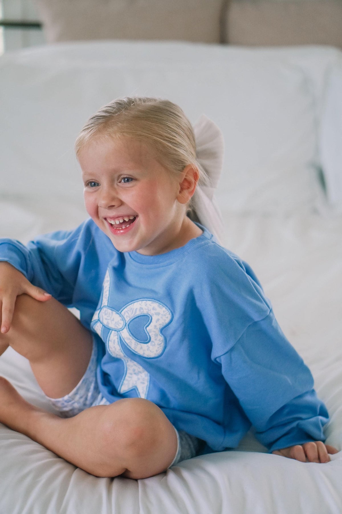 Blue Toile Applique Bow: Baby Sweatshirt Romper or Crewneck