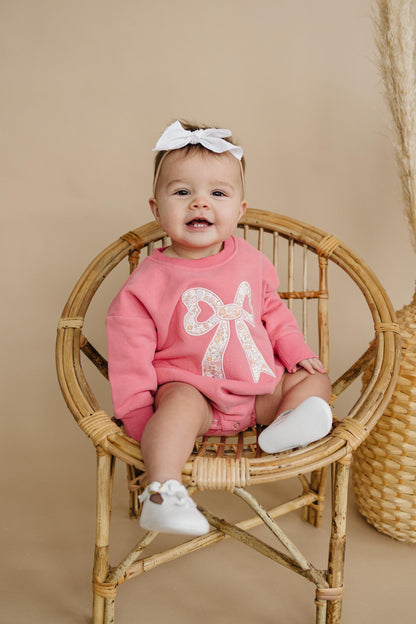 Pink Baby Romper: Floral Bow Applique Sweatshirt Outfit