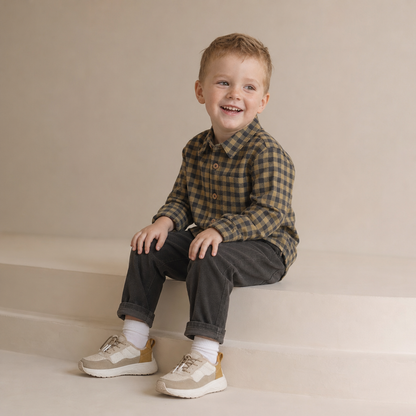 Organic Collared Long Sleeve Shirt - Olive Gingham