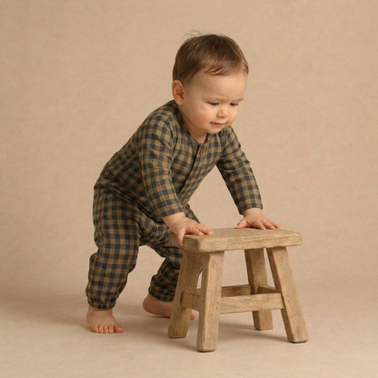 Organic Long Sleeve Button Romper - Olive Gingham