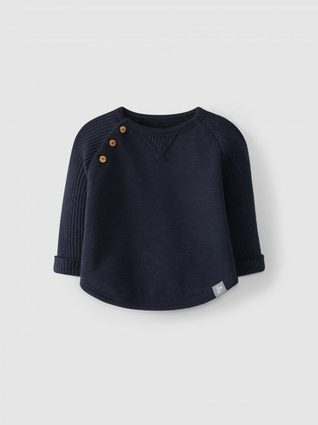 Navy Blue Sweater with Ribbed Jersey Sleeves
