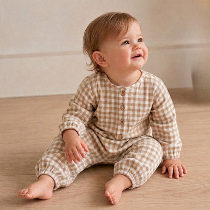 Organic Long Sleeve Button Romper - Oat Gingham