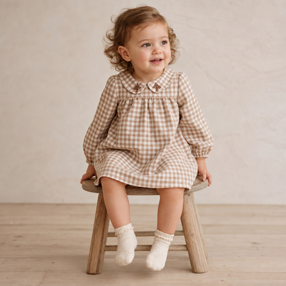 Organic Peter Pan Collar Dress - Oat Gingham