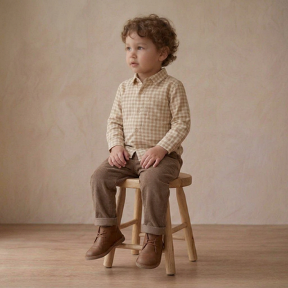 Organic Collared Long Sleeve Shirt - Oat Gingham